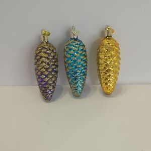 Lot of 3 Old World Christmas OWC Pine Cone Ornaments Gold Glitter